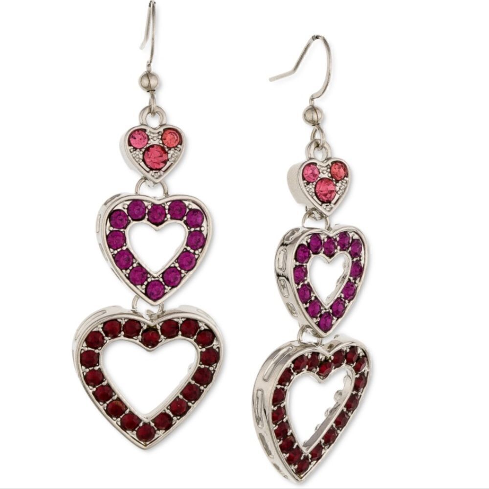 NWT Holiday Lane Silver-Tone Pave Heart Triple Drop Earrings